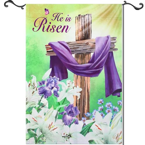JULMELON Easter Garden Flag 12x18 inch He is Risen Spring Easter Flag Vertical Double Sided Lily Cross Easter Flag for Spring Farmhouse Yard Outdoor Decoration