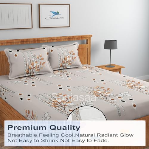 Image of 210 TC Glace-Cotton All Around Elastic Fitted Bedsheet, Elastic Fitted Bedsheet King Size Bedsheet for Double Bed with 2 Pillow Covers, Size - 72 x 78 x 8 Inch Color Cream