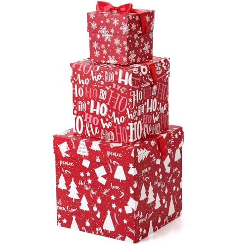 TecUnite 3 Pcs Christmas Stackable Nesting Gift Boxes Christmas Decorative Boxes with Lids for Present Wrapping Xmas New Year Holiday Party Xmas Tree Decor (Stylish Red White)