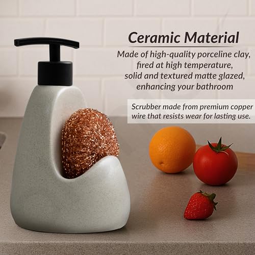 Image of Plantex Ceramic Soap Dispenser with Scruber /Sink Dish Washing Liquid Soap Dispenser for Wash Basin - Bathroom Accessories - (Beige and Black)