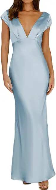 Women's Summer Satin V-Neck Backless Maxi Dress with Twist Cut Out