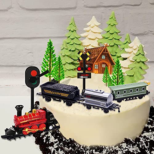 Memovan Train Cake Toppers 13Pcs Train Cake Decorations Mini Train Toy Traffic Track Railway Lights Cake Topper Decorations For Boy's Kids Steam Train Theme Birthday Party Supplies #TOP4
