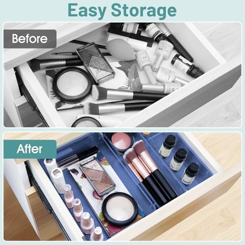 Image of WOWBOX 25 PCS Plastic Drawer Organizer Set, 4 Sizes Desk Drawer Divider Organizers and Storage Bins for Makeup, Jewelry, Gadgets for Kitchen, Bedroom, Bathroom, Office, Clear Dark Blue