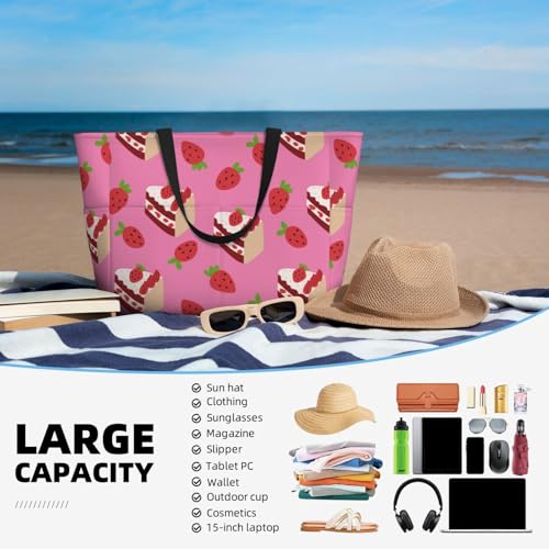 Cute Cake Strawberry Large Beach Bag Waterproof Sandproof Swim Tote Pool Bag For Women With Zipper4
