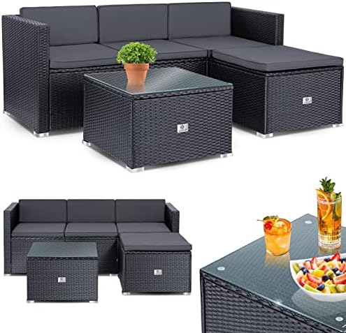 KESSER® Polyrattan Lounge Aruba – Gartenlounge für 3-4 Personen Gartenmöbel-Set Sitzgruppe aus 3er Gartensofa, Sessel, Hocker und Beistelltisch mit Sitzkissen – Garten, Terrasse, Balkon, Anthrazit