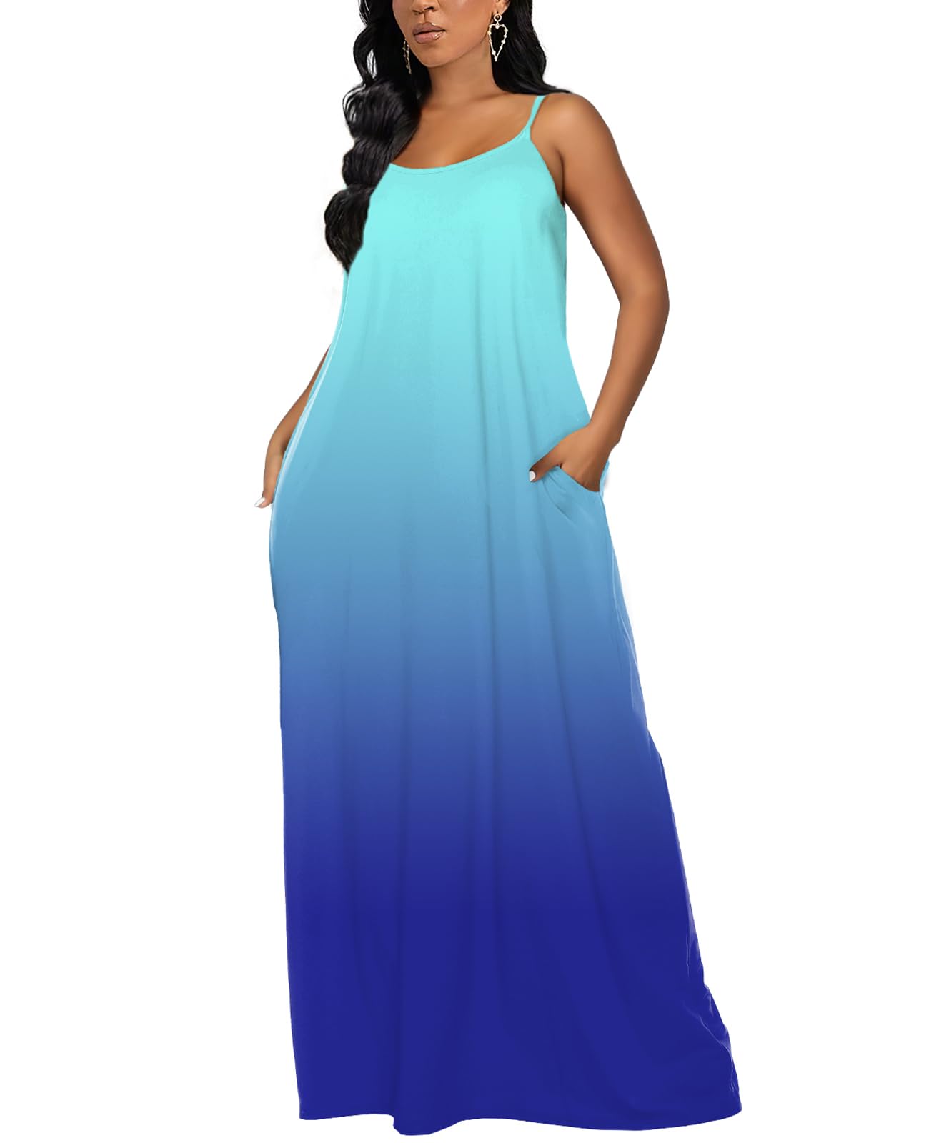 OFEEFAN Maxi Dress for Women Floor Length Summer Dresses Beach Vacation Gradient Blue L