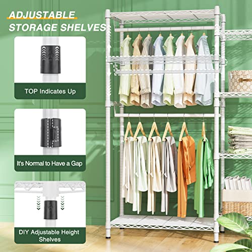 Lehom G6 Wire Garment Rack Heavy Duty Clothes Rack Compact Large Size Armoire Storage Rack Freestanding Metal Clothing Rack Closet Wardrobe With 3 Hanger Rod And 4 Large Shelves 4 Small Shelves, White #TOP2