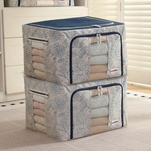 Image of HOKIPO 66L(L) Folding Storage Box and Organiser for Clothes, 600D Oxford Fabric Storage Box, Blue Blossom Pack of 2 (AR-6486-BLU*2)