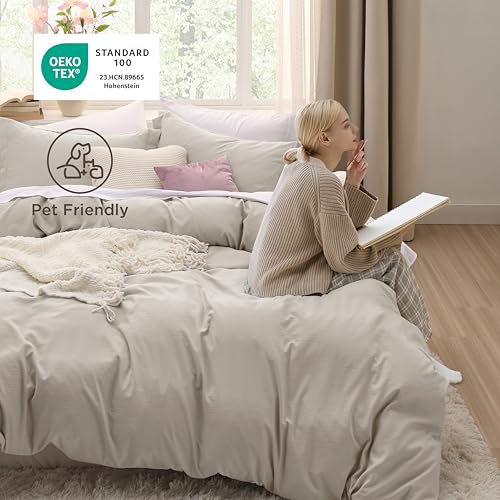 Image of Bedsure Oversized Queen Duvet Cover - 3 Pieces Prewashed Cotton-Like Polyester Extra Soft Bedding Set, Includes 1 Duvet Cover 98x98 Inches with Zipper Closure & 2 Pillow Shams, Linen, No Comforter