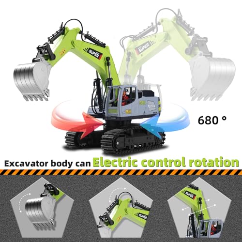 Image of Remote Control Excavator Toys for Boys,16 Channel Dual Speed Control RC Excavator Construction Toys with Metal Shovel & Light,Simulated Smoke,Christmas Birthday Gift Toy for Boys Kids