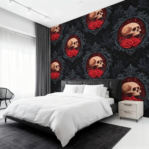 Papier Peint Crâne Gothique Intissé Squelette Rose Baroque Fresque Murale