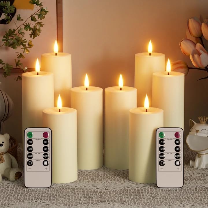 Photo 1 of  Outdoor Candles with Timer Waterproof: Set of 8 2.2''×4'' 5'' 6'' 7'' Flameless LED Pillar Candles with Remote Battery Candles Flicking Ivory for Home Decor Fireplace Patio Wedding Centerpieces 
