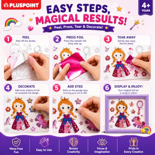 Image of PLUSPOINT Unicorn Foil Art Kit for Kids Ages 4-8, DIY Arts and Crafts Kit, Metallic Foil Craft Set, Peel and Press Sticker Art, 6 Picture Canvases, 60+ Foil Sheets, Creative Gift for Girls