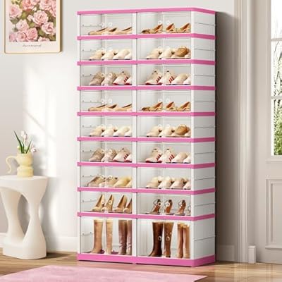 CIMLORD 9-Tier Foldable Shoe Rack Organizer for Closet,36 Pairs Collapsible Plastic Shoe Shelf,Large Shoes Cabinet with Door,Clear Stackable Storage Box Easy Assembly?White-Pink?