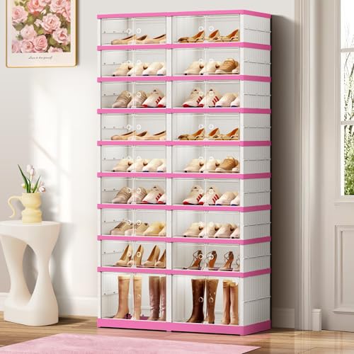 Image of CIMLORD 9-Tier Foldable Shoe Rack Organizer with Door, 36 Pairs, White-Pink | Collapsible Large Shoe Rack for 36 Pairs, Fits Boots, Wide Stackable, Clear Door, Lidded Boxes, Easy Assembly, for Closet