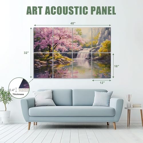8 Pack Paneles Acústicos de Arte Absorbentes de Sonido Color Rosado con Diseño de Árbol Cerezo y Roca 48"x32" miniatura 2