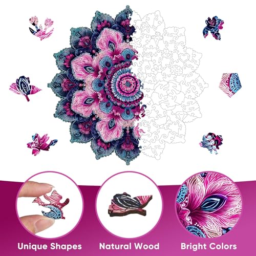 Pikoqunc Wooden Puzzles Mandala Purple Flower Rompecabezas de Madera con 205 Piezas | Piezas Únicas, Juego de Desafío para la Familia 11.2"x11.2" miniatura 3