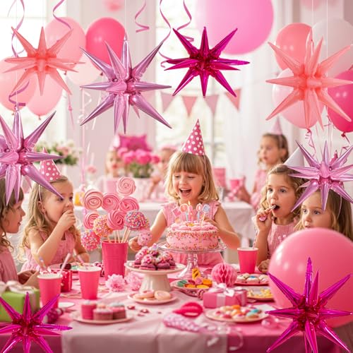 Image of TONIFUL 8Pcs Explosion Star Balloons Pink Hot Pink Foil Balloon Party Decor | 22 Inch Large Mylar Star Balloon for Girls Women Birthday Wedding Bridal Shower Baby Shower Anniversary Photo Booth Supplies