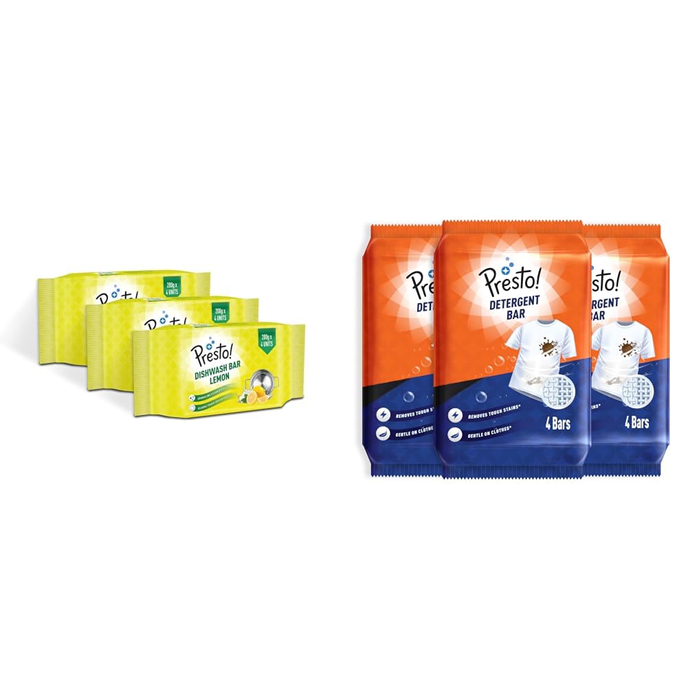 Amazon Brand - Presto! Dishwash Bar | 200 Gram | 12 count | 4 Bars Each X 3 Pack | Removes Tough Grease | Odour-Free Freshness | Gentle On Hands & Detergent Bar | 250g | 12 Count | 4 Bars Each X Pack-image-18