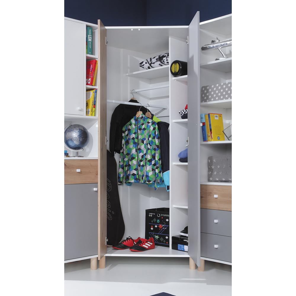 Lomadox Jugendzimmer Set 3-teilig mit 2 Regalschränke, 1 Eckkleiderschrank in weiß mit Eiche und grau