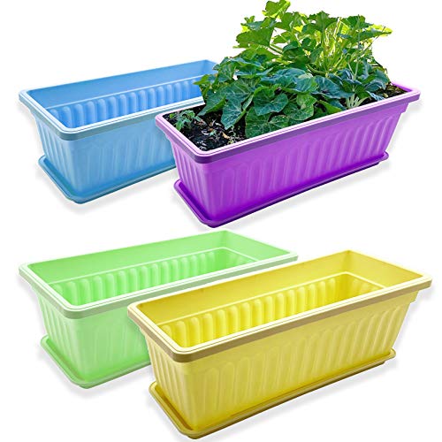 PURPLE STAR 1N 4 Packs 17 Inch Rectangular Window Flower Box Planter with Tray for Balcony, Windowsill, Garden