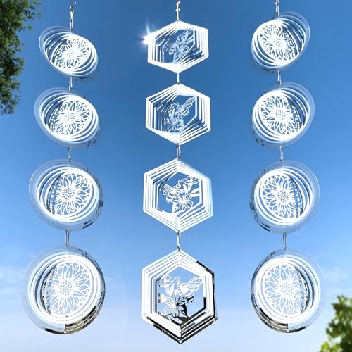 Leafcraft 12Pcs Bird Scare Discs Set Reflective 3D Stainless Steel Wind Spinner Outdoor Garden Hanging Decor, Bird Devices Deterrent Reflectors to Scare Birds Away from Yard Patio (Sunflower and Bee)
