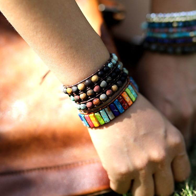 Bracciale Tessuto,Braccialetti Con Perline Intrecciate Fatte A Mano A Tre Strati, Bracciale Chakra Regolabile Per Donna, Bracciale Con Ciondolo Rotondo In Argento Gioielli Boho Per Uomo Donna