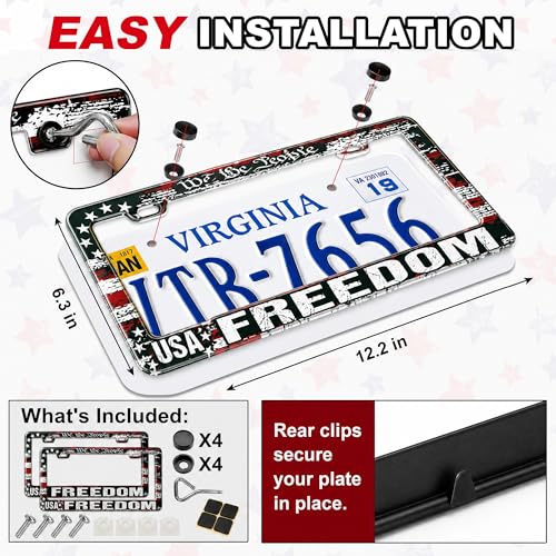 Image of American Flag License Plate Frame 2 Pack Patriotic Plate Holder | Universal Aluminum Car License Plate Cover with Screws for Women Men