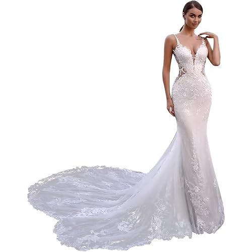 Mermaid Wedding Dresses for Bride 2024 Lace Spaghetti Straps Tulle V Neck Beach Bridal Gowns with Train