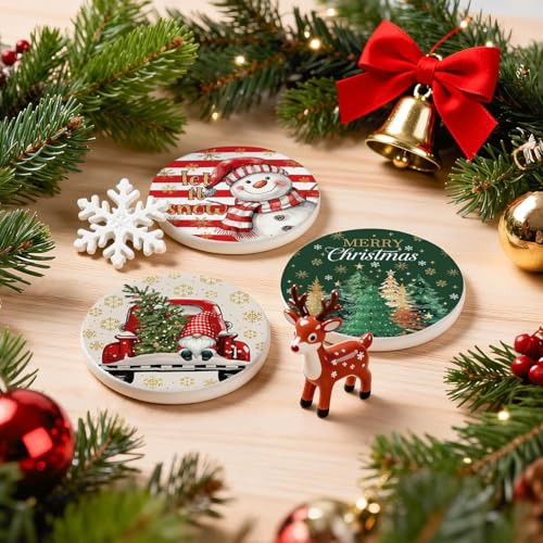 Image of Christmas Coasters Set of 6 with Metal Holder, Round Cork Drink Coasters, Santa Snowman Reindeer Tree Design, 4 Inch, Holiday Table Decor