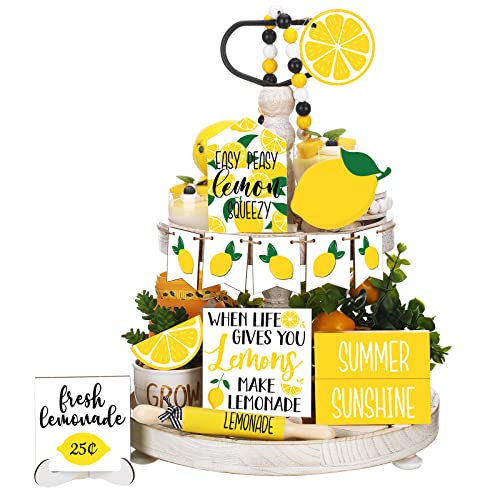 FairySandy 14 Pcs Lemon Tiered Tray Decor Summer Decorations Set Lemon Kitchen Decor Accessories with Rolling Pins Mini Wooden Signs for Farmhouse Home Summer Party