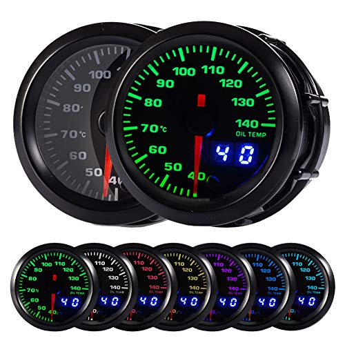 HOTSYSTEM 7 Color Oil Temperature Gauge Kit 40-140 Celsius Pointer & LED Digital Readouts 2-1/16
