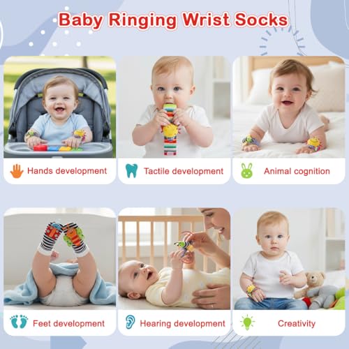 Image of SNOWIE SOFT Baby Socks Rattles and Wristband Rattle Set for Babies 0-6 Months, Cartoon Fun Cotton Socks with Cartoon Plush Rattle Toys Soft Sound Sensory Baby Toys for 6 to 12 Months