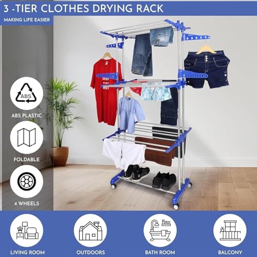Image of JIALTO Heavy Duty Foldable Clothes Drying Rack for Laundry | 3-Tier Garment Hanger Stand with Wheels | Indoor Outdoor Use | Adjustable Shelves & Arms for Towels, Shirts, Pants