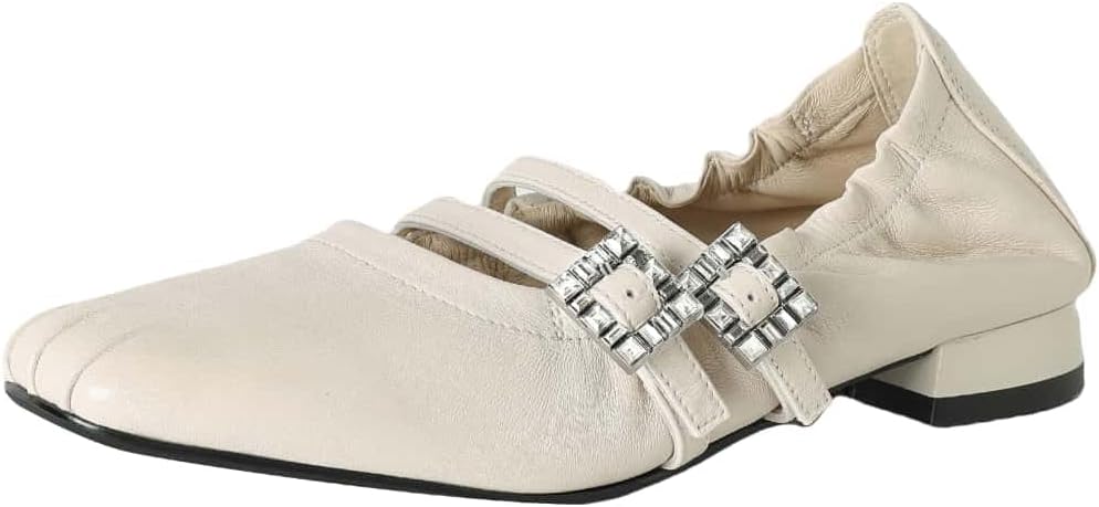 TinaCus Handmade Women's Soft Leather Square Toe Rhinestone Double Strap Buckle Mary Jane Flats