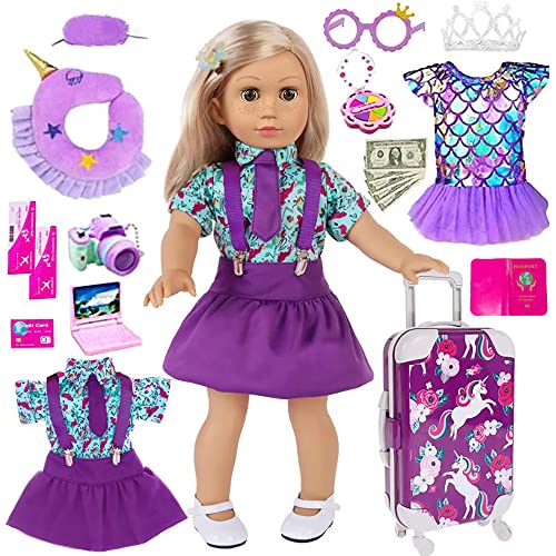 25pc Doll Clothes Dress Accessories Travel Suitcase Play Set for 18 inch Dolls Include Luggage Camera Computer Glasses Pillow (No Doll)