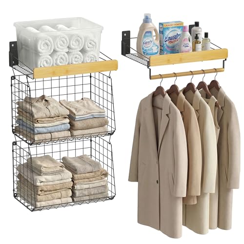 CACHOLIV Wall Mounted Laundry Room Shelves Wire Baskets with 8 Hooks and Hanging Rod Over The Washer and Dryer Shelf Drying Rack Laundry Room Organizer and Storage 2 Pack Black