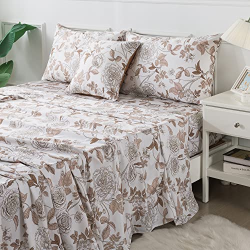 Image of FADFAY Sheets Set Full Vintage White and Brown Floral Bedding Elegant Peony Sheets Set Shabby Rose Farmhouse Bedding 100% Egyptian Cotton 800 Thread Count Deep Pocket Fitted Sheet 4Pcs, Full Size