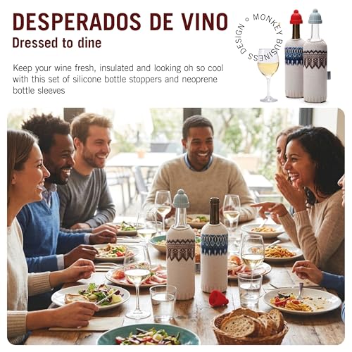 Image of Monkey Business Wine Knits Bottle Stopper and Sleeve Set - 4 Piece Silicone and Neoprene Insulated Wine Accessories Pack for Temperature Control and Freshness, Winter Knit Themed Dining Gift Set