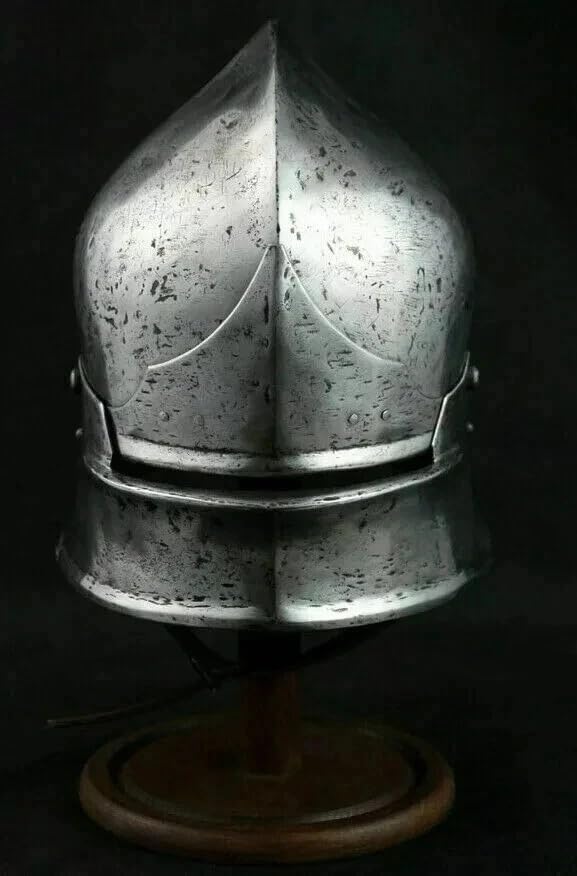 Medieval German Sallet Helmet, 16 Gauge Hammered Steel, Silver, One Size Fits Most Adults, Gladiator Theme