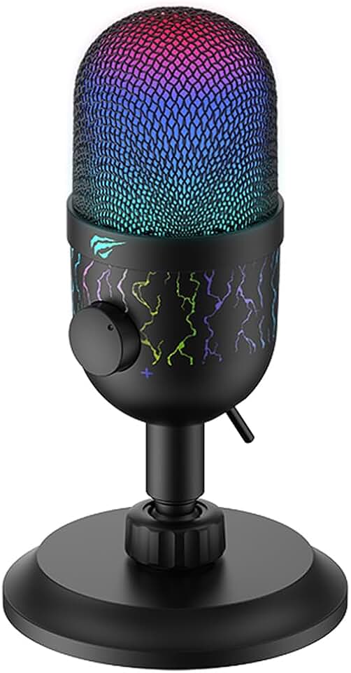 Havit Microfone Gamer GK52 USB, Para Gravação e Streaming, Iluminação RGB, Captação Cardióide, 48 KHz / 16 Bits, Botões de Volume e Mute, Preto