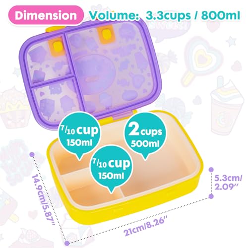 Image of Cute Cartoon Bento Lunch Box for Kids, 800ml /27oz BPA-Free Leak-Proof Food Containers with 3 Compartments, Dishwasher Safe, Back to School Students Lunches Size for Ages 3-7