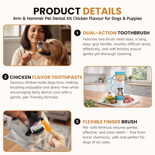 Arm & Hammer, Dog Toothpaste, Dog Toothbrush Kit, Chicken Flavor | Enzymatic baking soda formula freshens breath; dual-sided brush with large and small heads plus finger brush - image 3