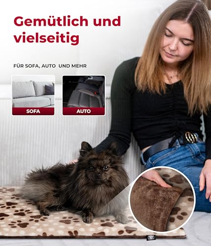 HS-Hundebett® Hundedecke S (55x75 cm) – Wendbar & gemütlich Dank 3 cm Füllung – Perfekt fürs Sofa, Auto & Hundebox – Pfote Beige, Made in DE