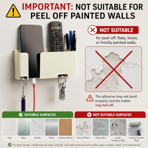 Image of Mobile & Remote Wall Holder | ABS Wall Mount Stand with 3 Compartments for Phone, Remotes & Pens | 2 Key Hooks | No-Drill Mount with Strong Double-Sided Sticker (Milky White)