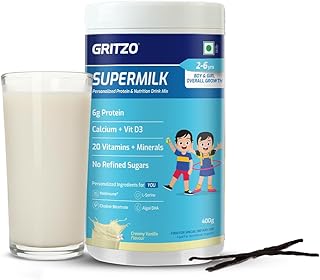 Gritzo SuperMilk Overall Growth (2-6y Boy &amp; Girl), 6g Protein Powder (Creamy Vanilla, 400g) | Zero Refined Sugar, 20 Vitam...