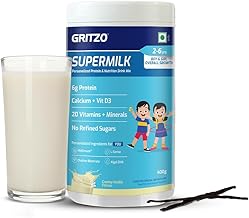 Gritzo SuperMilk Overall Growth (2-6y Boy & Girl), 6g Protein Powder (Creamy Vanilla, 400g) | Zero Refined Sugar, 20 Vitamins & Minerals