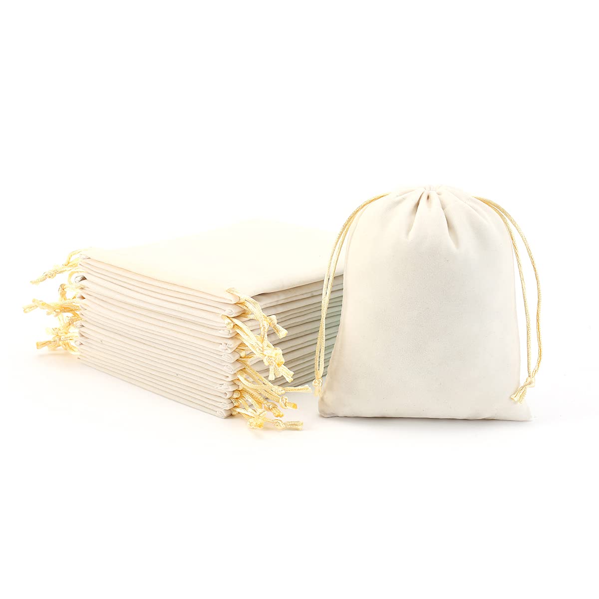 YoungJewl 50Pcs Velvet Jewelry Bags With Drawstring Cream Pouches Gift Bags for Wedding Favors Party Christmas Candy Bag（2.8x3.6Inches）
