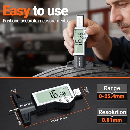 Image of Preciva Tire Tread Depth Gauge & Brake Lining Gauge Set, Digital Tire Depth Gauge with Large LCD Display and Inches, Millimeters, Fraction Conversion, for Tread Depth, Brake Shoe and Pad Wear