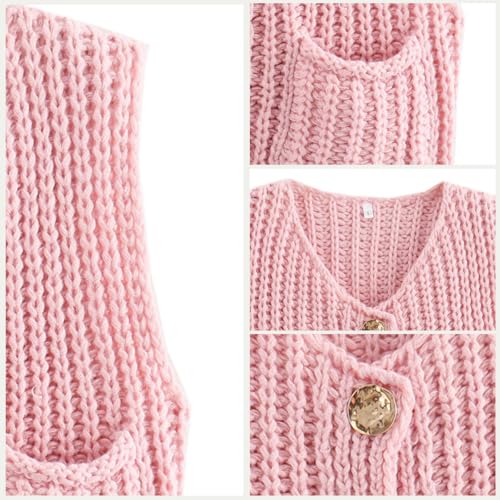 Image of Women's Sleeveless Chunky Knit Cardigan V-Neck Button Down Vest Casual Loose-Fitted Crochet Sweater with Pockets 2024